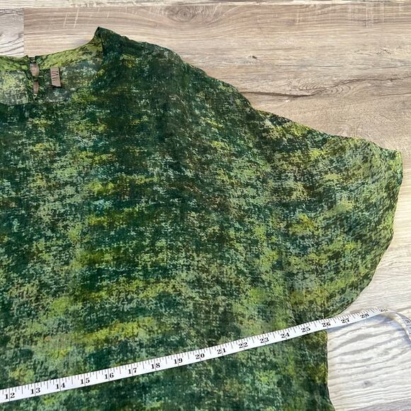 YAVI Green Silk Tunic Dress Abstract Print Sheer Oversized Goblincore - Picture 7 of 8